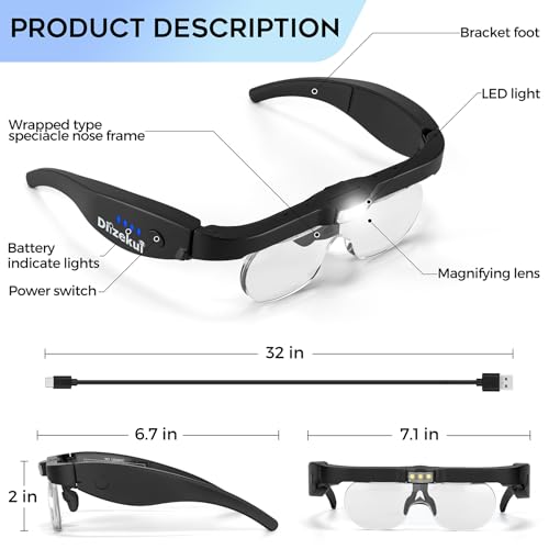 Dilzekui Magnifying Glass w/Light,1.5X-5X Magnifying Glasses Acrylic Lenses - color: Black