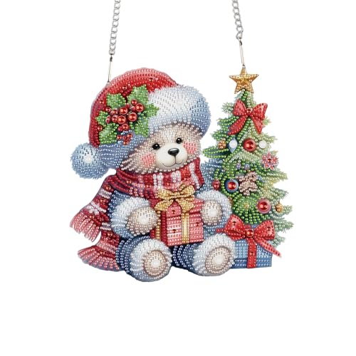 TDFERAN DIY 5D Diamond Painting Kits Hanging Sign 12x20cm Christmas Wall Art Sign Diamond Art Suncatcher Window Hanging Ornament Window Pendants Home Garden Wall Door Paint with Diamonds Wreath Bear - color: White Bear Ornament