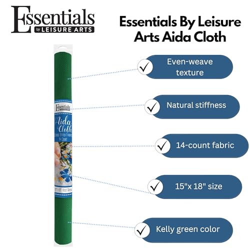 Essentials By Leisure Arts Aida Cloth, 14 Count, Kelly Green, Cross Stitch Fabric, Embroidery Fabric, Cross Stitch Supplies for Crafting, Stitching, and Sewing Projects 15X18