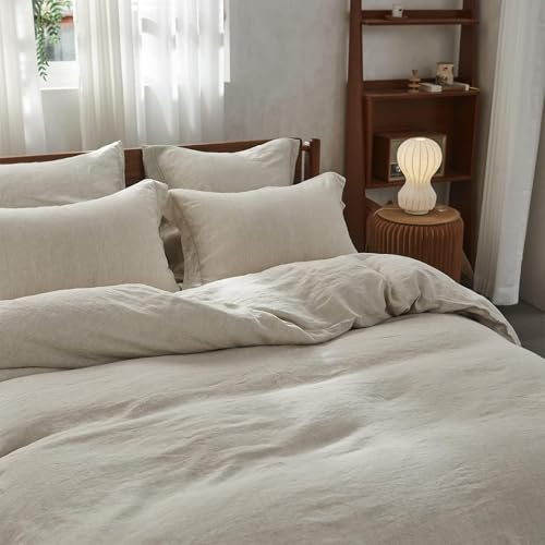 Simple&Opulence 100% Linen Duvet Cover Set with Embroidery Border Washed - 3 Pieces (1 Duvet Cover with 2 Pillow Shams) with Button Closure Soft Breathable Farmhouse - Linen, Full Size - color: Linen, size: Full
