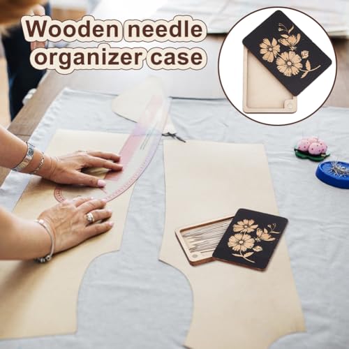 AHANDMAKER 2 pcs Wooden Needle Box Sewing Needle Storage Box Sewing Pins Organizer with Flower Print for Quilters, Sewers, Tailors, Black,3.15x1.97x0.14 Inch