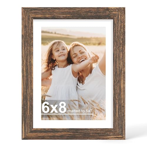 Hongkee 6x8 Picture Frame with Real Glass Wood Frame, 1 Pack (with Mat 5x7) - color: Rustic Brown, size: 6X8 in