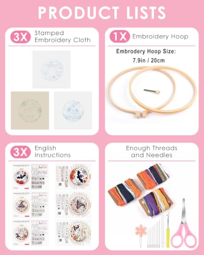 TINDTOP Halloween Embroidery Kit for Adult, 3 Pack Embroidery DIY Starter Kit, with Stamped Patterns, Hoop, Tools, Colorful Threads with Needles, Instructions - color: Halloween C