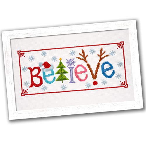 Povitrulya Counted Cross Stitch Kit 'Believe' - Embroidery Set for the Holidays, Encouragement, or Inspiring Everyday Possibilities with a Christmas Tree, Snowflake, Deer and Santa Hat