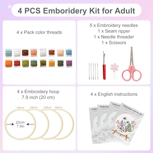 Huacan Embroidery Kit for Adults Beginners with 4 Hoops & Gift Box - color: Floral
