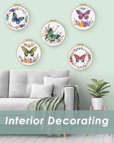 ERKOON 5 Sets Embroidery Kit for Adult Beginners Butterfly Cross Stitch - color: Butterfly and Flower