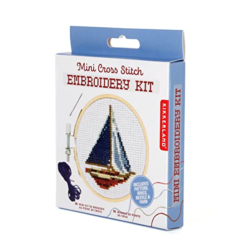 Kikkerland DIY Mini Cross Stitch Sailboat Embroidery Craft Starter Kit Set, with Pattern Instructions, 3" Bamboo Hoop, Stress Relief, Adult Beginner Friendly - color: Sailboat