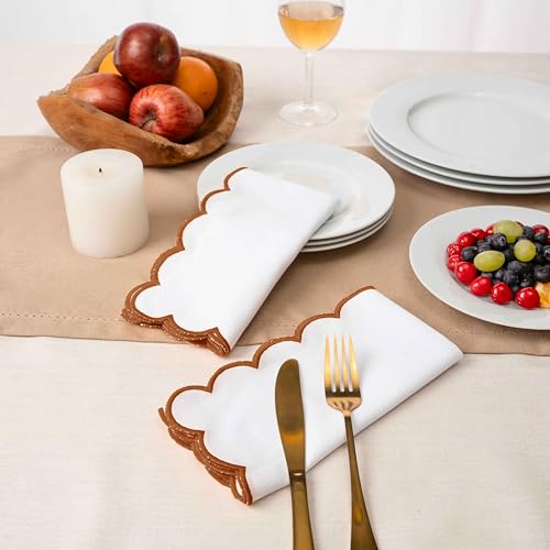 Blue Needles Cotton Scalloped Embroidery Cloth Napkins 17X17Inch - Set of 4 - color: White(edges - Rust)