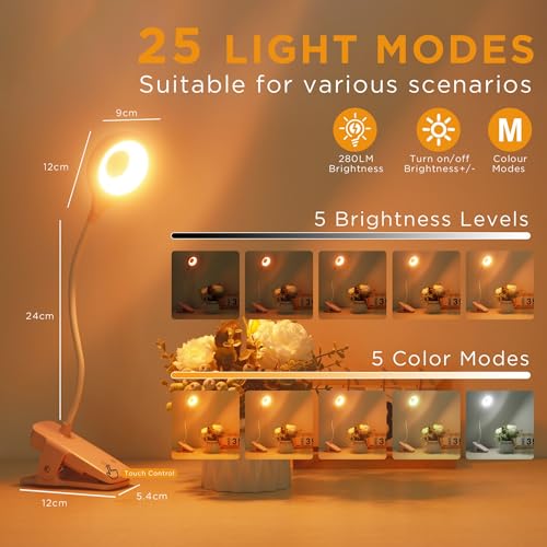 Akynite Clip on Light LED Desk Lamp 5 Brightness+5 Colors Rechargeable Lamp - color: Pink
