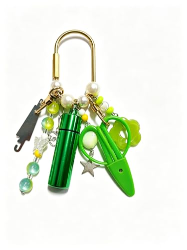 MEYAGO Needlepoint Bag Charm Tool Kit with Mini Embroidery Scissors, Needle Threader, Needle Holder Tube & Gold Keyring, Portable Embroidery Accessories for Cross Stitch Sewing DIY Crafts (Green) - color: Green