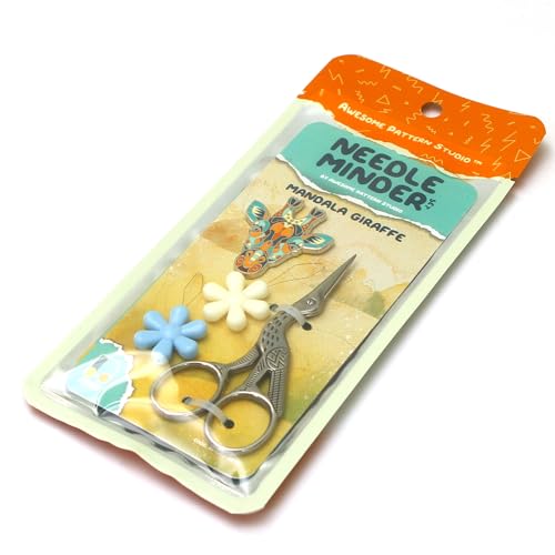 Awesome Pattern Studio Needle Minder Set - Mandala Giraffe Magnetic Needle Minder + 2 Needle Threaders + Crane Scissors. Enamel Pin for Cross Stitch, Embroidery and Craft - size: Giraffe Set #2