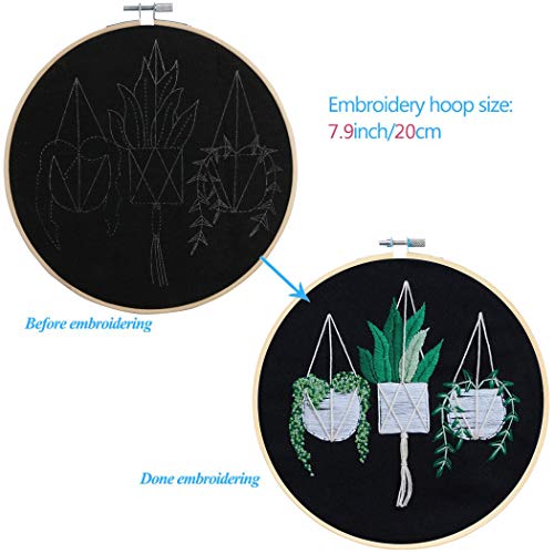 KISSBUTY Full Range of Embroidery Starter Kit with Pattern, Cross Stitch Kit Including Stamped Embroidery Fabric with Pattern, Bamboo Embroidery Hoop, Color Threads and Tool Kit (Hanging Plants)