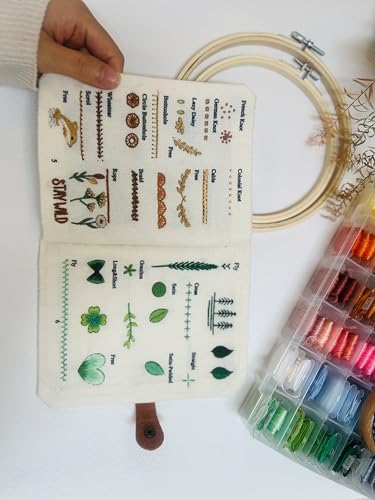 Roofo Embroidery Stitch Book Kit for Beginners, DIY Hand Sewing Embroidery Book 8×6" Starter Set for Adults Cross Stitch Kits with Colors Threads and Tools&Video Tutorials