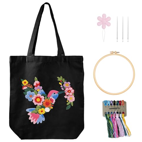 Nuberlic Embroidery Tote Bag Kit for Beginners with Floral Bird Pattern - color: Bird