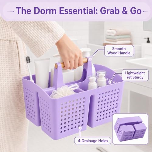 Portable Shower Caddy Basket with 3 Compartments and Handle, Purple - color: Purple