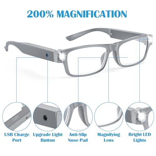 200% Magnifying Glasses with Light, USB Rechargeable LED Reading Glasses - color: Black-1