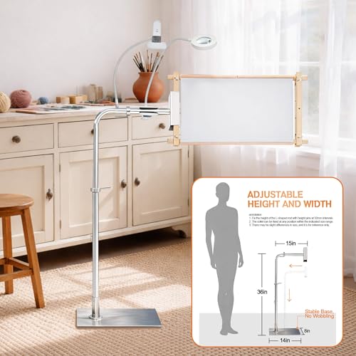 Needlepoint Stand, Adjustable Embroidery Stand & Cross Stitch Floor Stand with Lighted Magnifier, Heavy Duty Metal Frame Stand Holder for Hoops, Q-Snap & Scroll Rods up to 20" Wide
