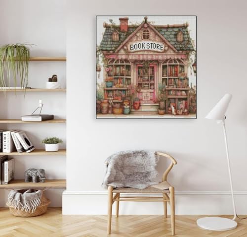 MYBISYMQQ Book Store Cross Stitch Kits for Adults,11CT Stamped Cross Stitch Kits for Beginner,DIY Needlepoint Embroidery Patterns Kits Embroidery Patterns for Home Wall Decor 13.7x13.7 inches - color: D054A
