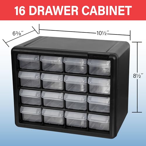 Akro-Mils 16-Drawer Plastic Storage Cabinet, 10.5"W x 6.5"D x 8.5"H, Black - color: Black, size: 16 Drawer, style: 1 Pack