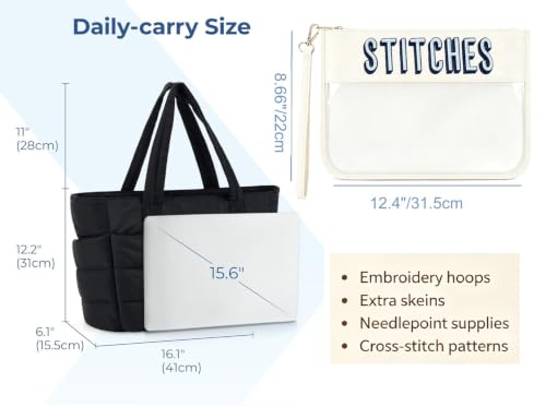 RF REENFAYA Needlepoint Tote Bag with Clear Zipper Pouch-Black/Beige - color: Black/Beige