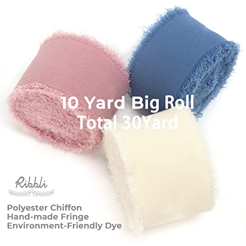 Ribbli Chiffon Silk Ribbon, 1.5 in x 30 Yards, Ivory/Dusty Rose/Dusty Blue Fringe for Wedding Invitations, Bridal Bouquets, Flower Arrangements - color: Ivory/Dusty Rose/Dusty Blue