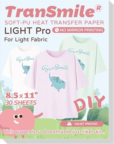 TranSmile PU-Heat Transfer Paper for T Shirts (30 Sheets, 8.5x11'', Light), Iron on Transfers for Light Fabric, Printable Heat Transfer Vinyl for Inkjet Printer - color: Light, size: 30 Sheets