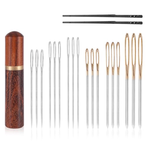 20pcs Large Eye Sewing Stainless Needles, Big Eye Embroidery Needles Steel Blunt & Sharp Tapestry Needle Hand Knitting Needle with Wooden Case for Leather Stitching Quilting Crochet Weaving Project