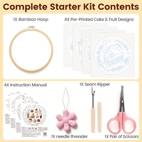 HGEKLIZV Embroidery Kit for Beginners Adults – 4Pcs Pre-Printed Cake & Fruit Patterns, Bamboo Hoop, Threads, Needles, Guide – DIY Hand Embroidery Craft, Home Decor, Gift for Women