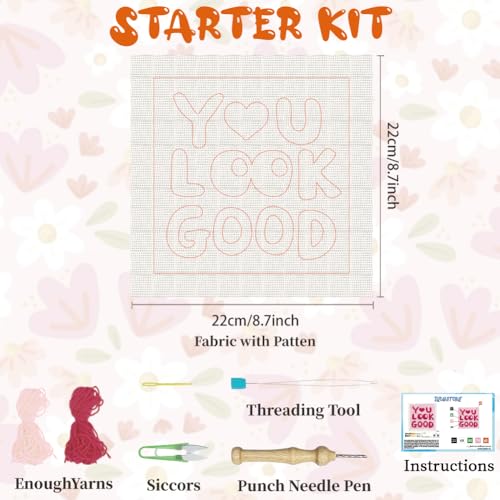 BEUNITONE Punch Needle Kit for Adults Beginners with Blessings Text, Complete DIY Craft Needlepoint Kits with Hoop, Punch Needle Starter Craft Embroidery Set for Festival Gift and Home Decor 9.4x9.4in - color: 10-You Look Good