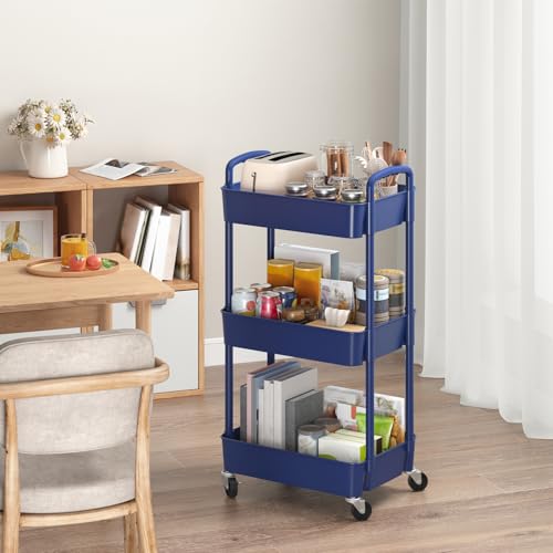 Sywhitta 3-Tier Plastic Rolling Utility Cart with Wheels for Storage,Blue - color: Blue, size: 3-tier