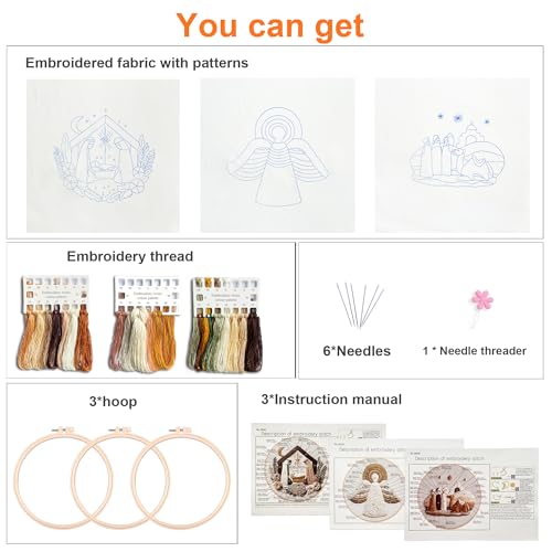 Myfelicity Embroidery kit,Adults Set,Nativity Scene Embroidery Hoop Art Set, Religious Christmas Theme, 3-Piece Collection with Angels and Manger Scene in White Embroidery Cloth - color: 60040-60041-60042