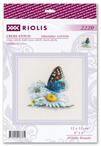 RIOLIS - Fragile Beauty 2220, Floral Cross Stitch Kits 6"x 6", Cross Stitch Kits for Beginners & Advanced, Crossstitching Kits Adult, Counted Stitching Kits, Butterfly Embroidery Kit - style: Fragile Beauty 2220