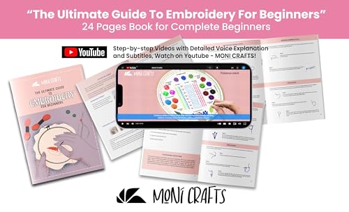 Moni Crafts Embroidery Kit for Beginners – DIY Hand Embroidery Set for Adults with 4 Stamped Patterns, Hoop, Threads, Needles and Step-by-Step Stitch Guide to Learn 33 Stitches - color: Beginners - Practice