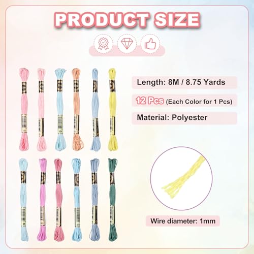 PATIKIL 12 Skeins Embroidery Floss Polyester Embroidery Light Mixed Colors - color: Light Mixed Colors
