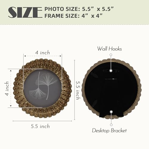 4x4 Antique Gold Round Picture Frame – Vintage Gold Frame with Glass Front – Art Deco Wall Hanging or Tabletop Photo Frame - color: 4x4 inch (Round)