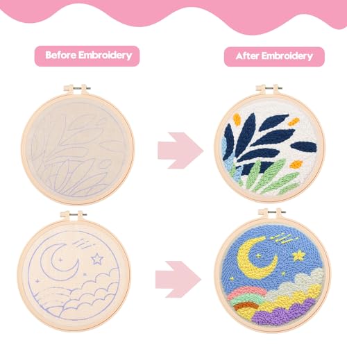 Cheloment 2 Sets Punch Needle Kits with 5mm/3.5mm Punch Needle,Fabric,Threader, Yarns and Hoops Embroidery Starter Kit for Adults Beginner, Perfect for DIY Craft and Decoration (Moon&Leaf) - size: Leaf & Moon