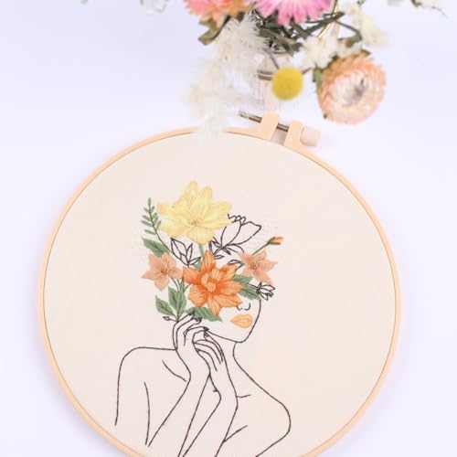 IUHUI Embroidery Kit for Beginners Adults - Fashionable Women Wearing Flowers Easy Patterns, DIY Hand Stitching Embroidery Set with Hoop (Gorgeous Woman) - color: Gorgeous Woman