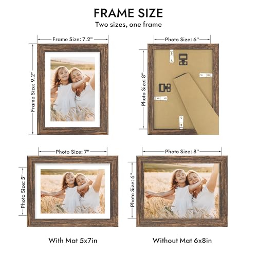 Hongkee 6x8 Picture Frame with Real Glass Wood Frame, 1 Pack (with Mat 5x7) - color: Rustic Brown, size: 6X8 in