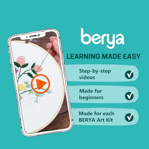 BERYA Flowers Embroidery Kit Including Video Step by Step Instructions Embroidery Hoop,Color Threads and Embroidery Scissors for Beginners-Handmade Needlepoint Kits for Adults - color: flower and vase white