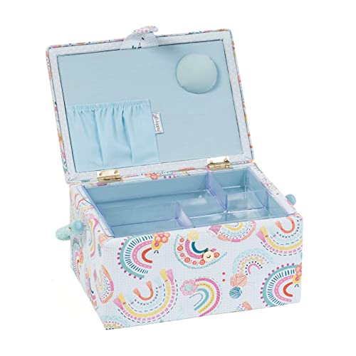Hobby Gift Medium Sewing Box Organiser, Fabric Covered Storage Box with Handle, Internal Tray, Pin Cushion and Pocket for Sewing, Quilting and Knitting Supplies - color: Rainbow