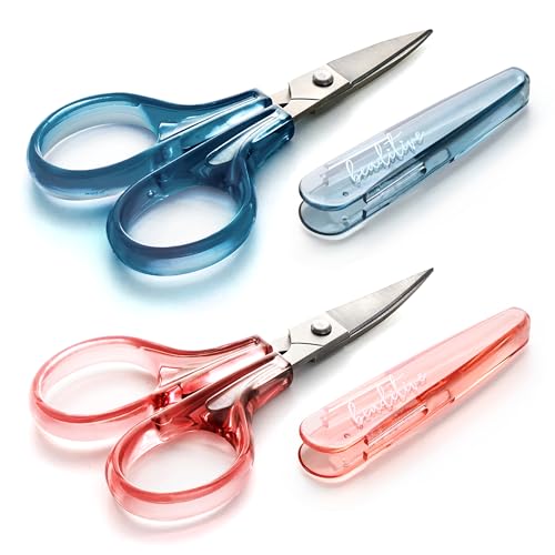 Beaditive Detail Craft Scissors Set (2 pcs) Curved and Straight, Sharp, Compact | Sewing, Embroidery, Paper Cutting, Crafting | Stainless Steel | Protective Cover (Blue&Pink) - color: Blue