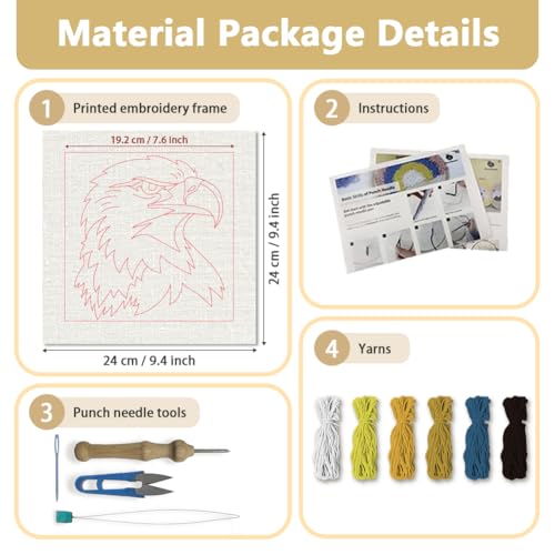 Doodlream Bald Eagle Needle Kit for Beginner, 9.4"x 9.4" Majestic Bird Punch Stitching Craft Set, Color DIY Embroidery Starter with Printed Frame, Instruction, Threader, Yarn, Pinch Needle - color: Eagle