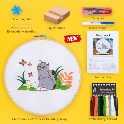 Embroidery Kit for Adult Beginners, Cat Embroidery Kit with Step-by-Step Instructions and Video, Printed Cloth, 7.87" Hoop, Display Stand, Color Threads, Threader & Needles for Craft Lover(BED001) - color: Gray and white cat