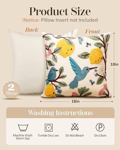 Embroidered Throw Pillow Covers 18x18 Inch, 2Pack, Bird Lemon - color: Bird Lemon, size: 18" x 18" (Pack of 2)
