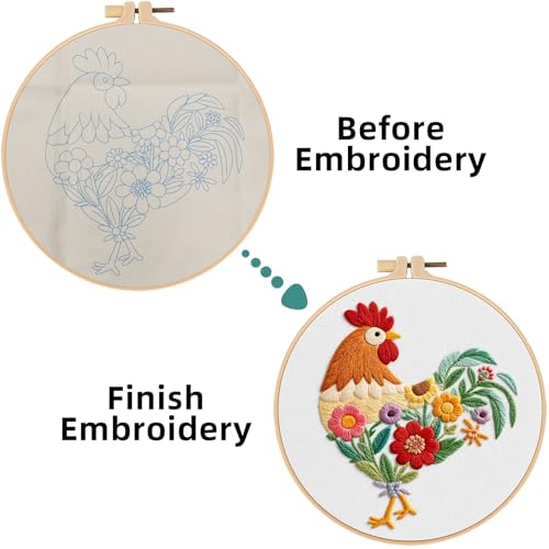 Herdiese Embroidery Kit for Beginners & Adults, Rooster Flower Cross Stitch - color: Rooster