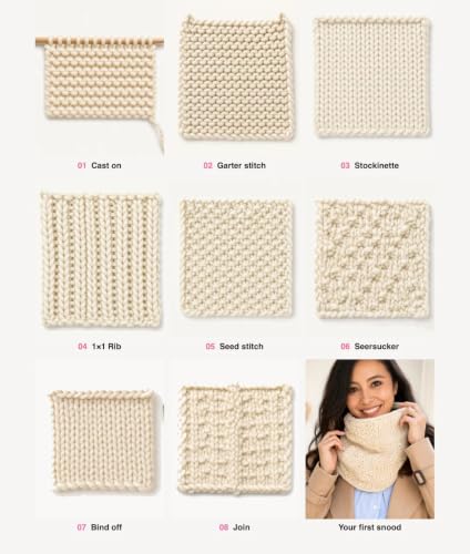 We Are Knitters Stitch Sampler Knitting Kit | Beginner-Friendly Knitting Starter Kit with Yummy Yarn | Learn Essential Stitches & Make Your First Snood - color: Yummy Yarn White