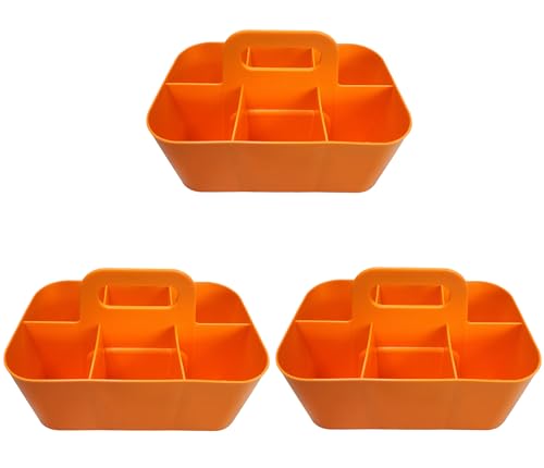 3 Pack Small 6 Compartment Multiuse Caddy Organizer with Handle Art Craft Supplies, Office, Desk, Stationery Pen Holder Stackable- Made In USA (Orange) - color: Orange