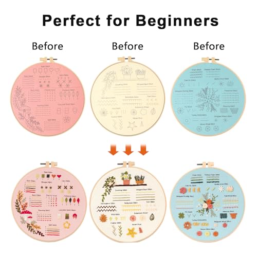 JOINRUN Beginner Embroidery Kit for Adults, 3 Pack with Video Tutorial - color: Flower