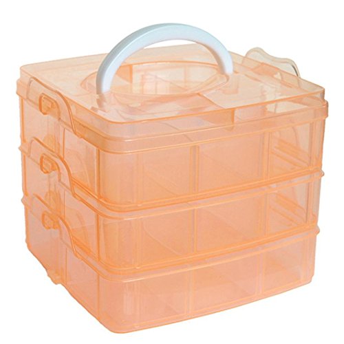 Kamay's 3-Tier Transparent Stackable Adjustable Compartment Slot Plastic Craft Storage Box Organizer Snap-Lock Tray Container 3 Sizes 4 Candy Colors Available (Medium 18 Compartment, Orange) - color: Medium 18 Compartment, Orange