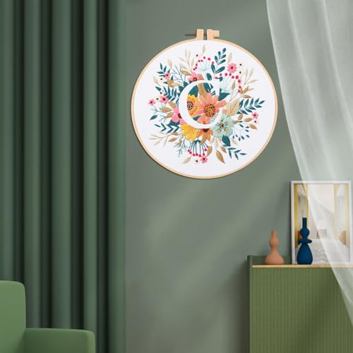 IUHUI Embroidery Kit for Beginners Adults - 26 Floral Letters Easy Patterns, DIY Hand Stitching Embroidery Set with Hoop (Flower and Grass Letter C) - color: Flower and Grass Letter C